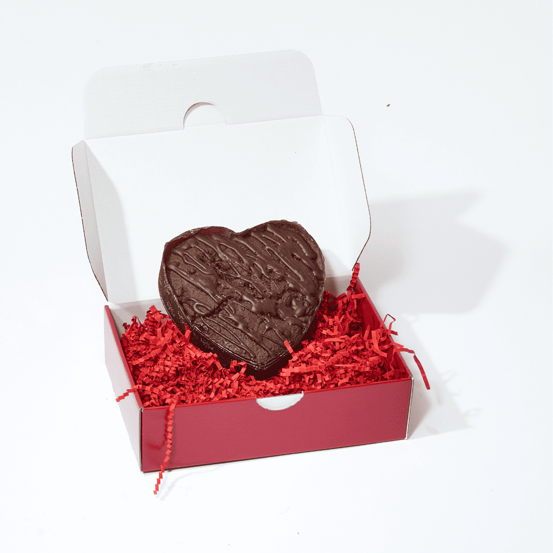 A Sweetheart Brownie Cakes in a box, made with Belgian chocolate.