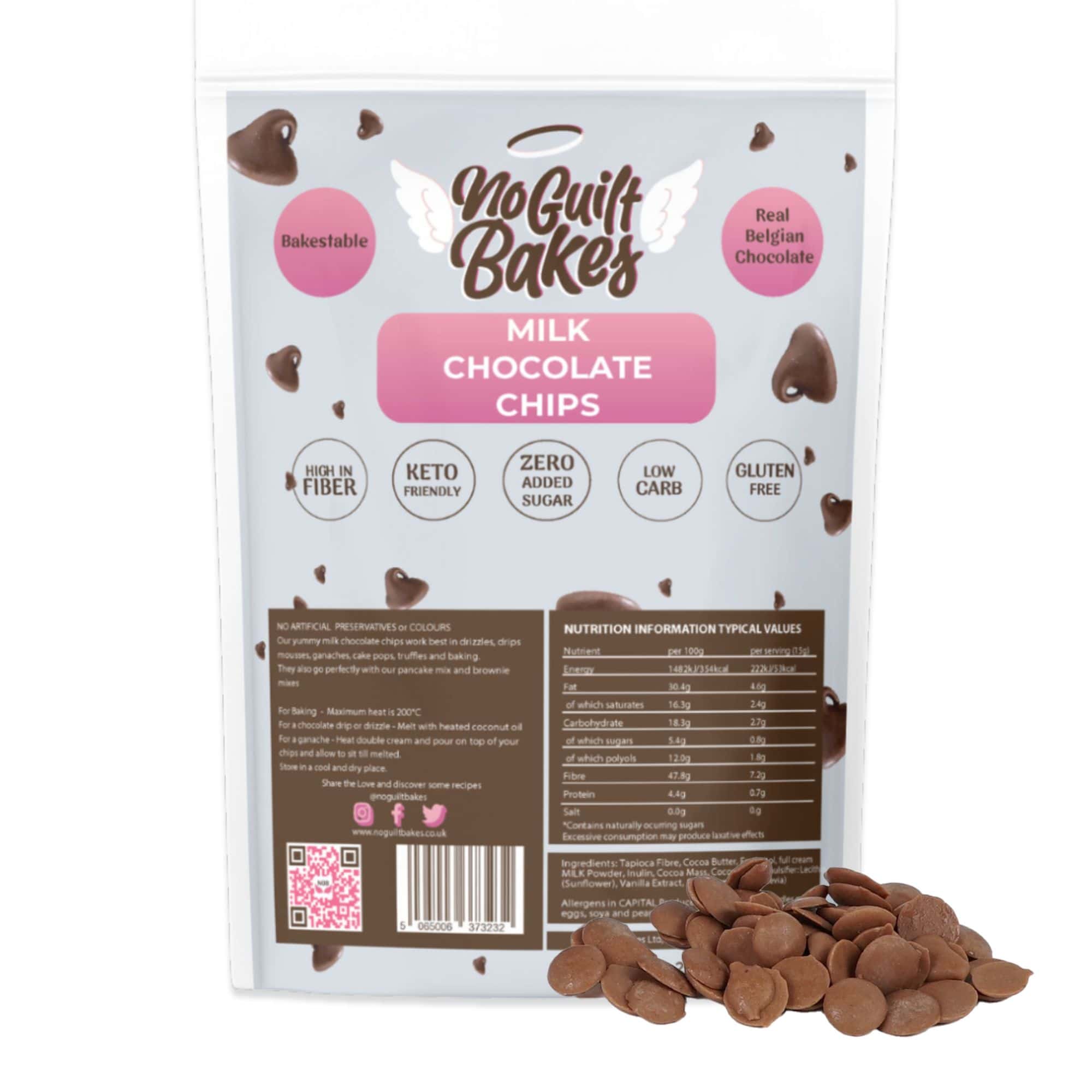 A bake-stable bag of No Guilt Bakes Belgian Milk Chocolate Chips on a white background.