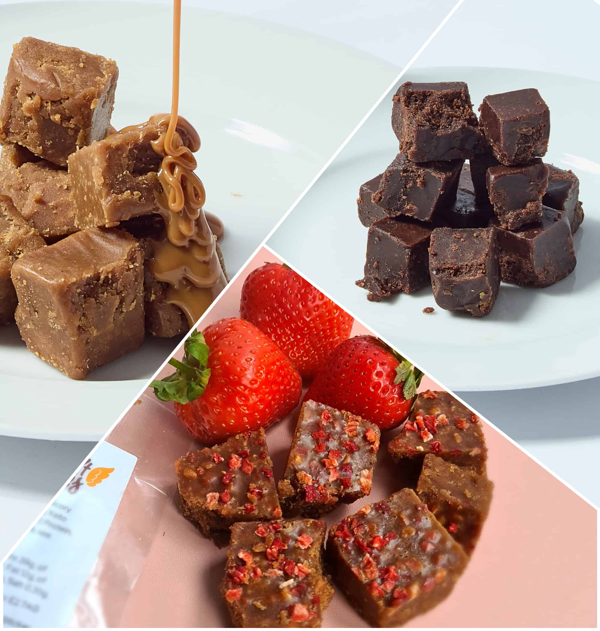 Four pictures of No Guilt Bakes' Keto Fudge Bundle on a plate.