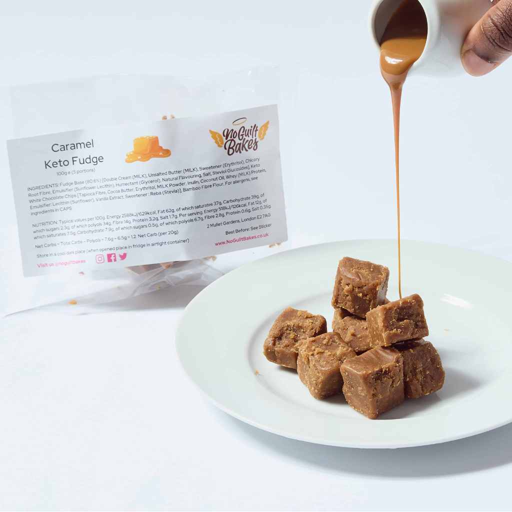 A person is pouring caramel sauce on a plate of No Guilt Bakes Keto Fudge Bundle | Keto and Diabetic Friendly | Made with Belgian Chocolate - (2 x 3 flavours).