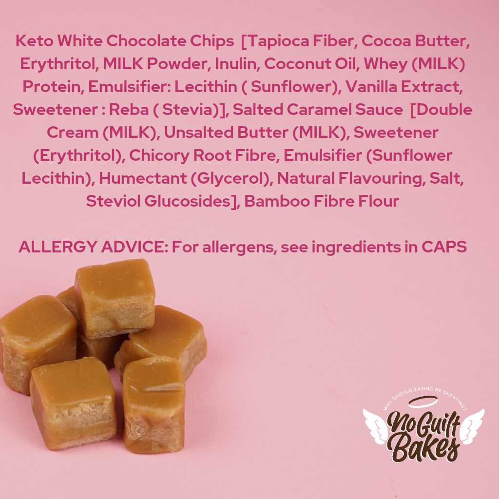 A No Guilt Bakes Keto Fudge Bundle showcasing a list of allergens on a vibrant pink background.
