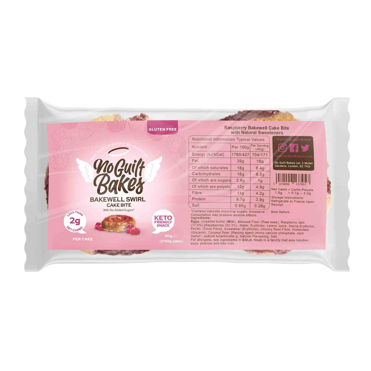 Indulge in No Guilt Bakes&#39;s package of healthy Raspberry Bakewell Swirl Keto Cake Bites, perfect for those on a ketogenic diet. The treats are set against a pink background for a delightful presentation.