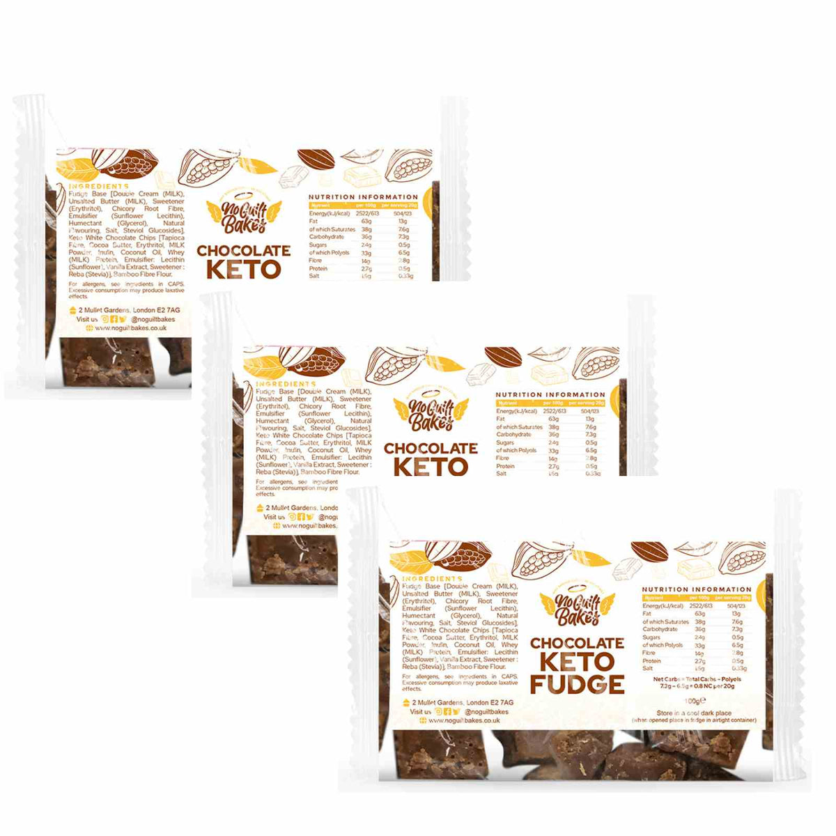 Three packages of Luxurious Belgian Chocolate Keto Fudge - Multiple Flavours from No Guilt Bakes, a guilt-free snack.