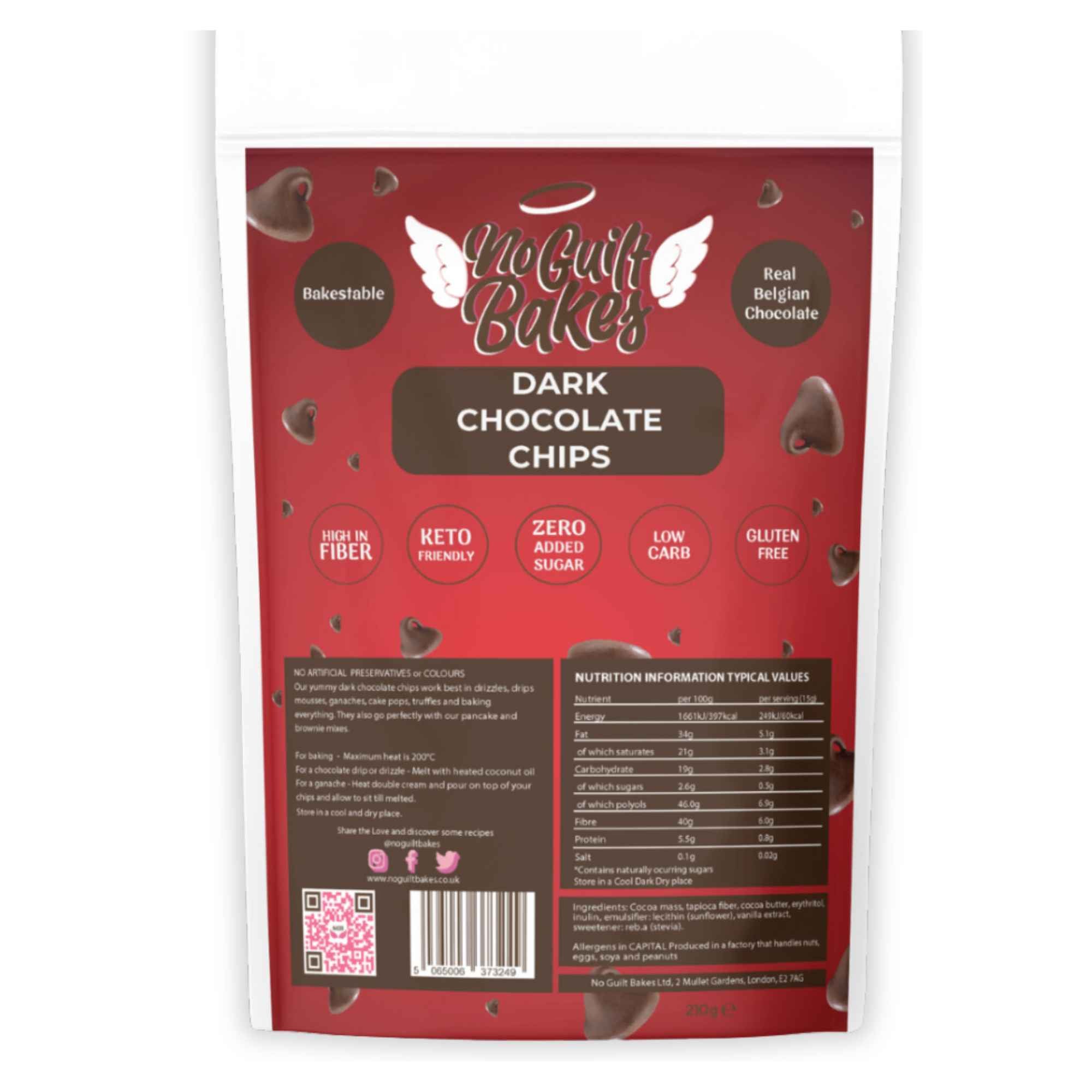 A bag of Belgian Bakestable Dark Chocolate Chips by No Guilt Bakes, perfect for those with dietary goals and a preference for dark chocolate without added sugar.