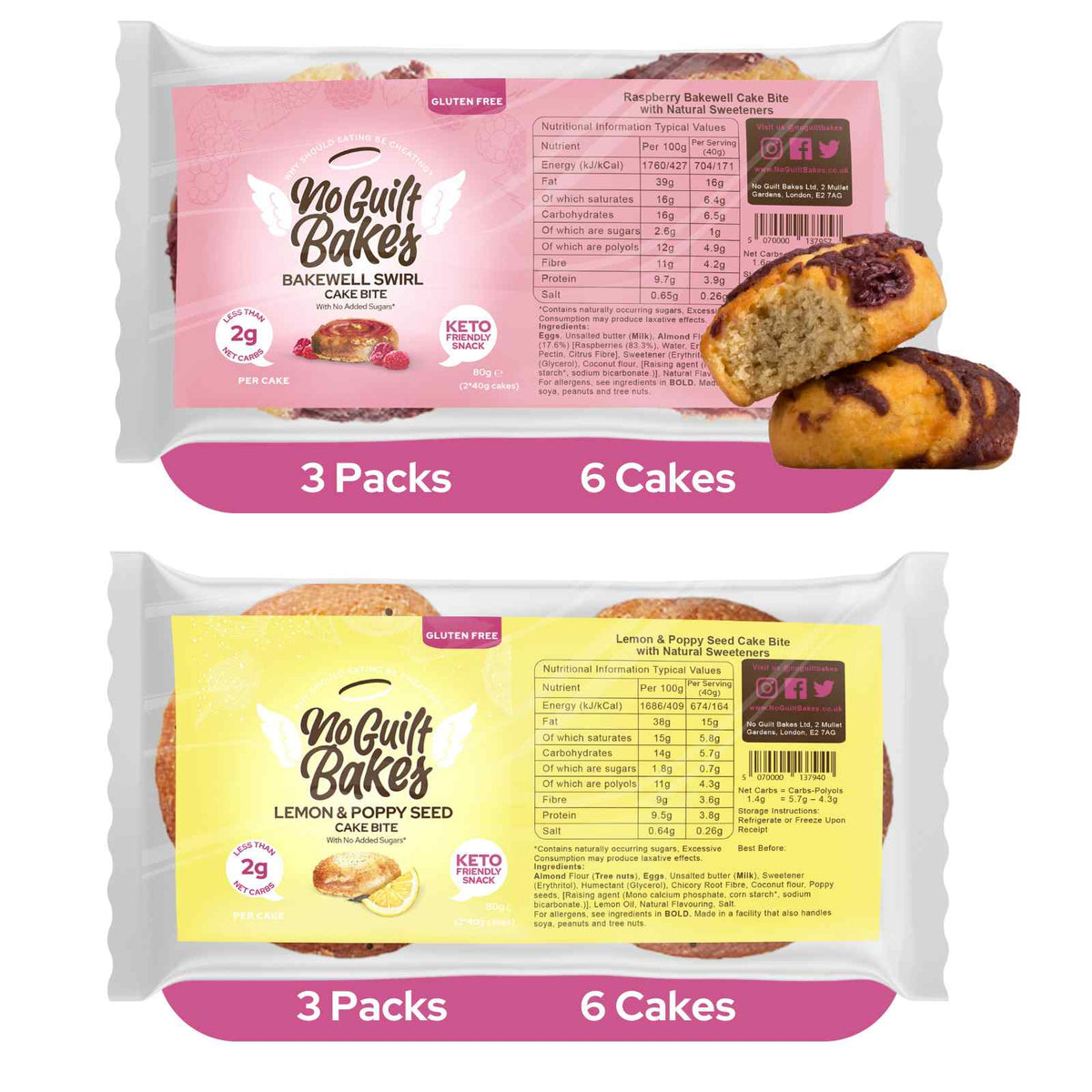 A package of No Guilt Bakes&#39; Fruity Variety Cake Bite Pack with a variety of flavors including lemon &amp; poppy seed.