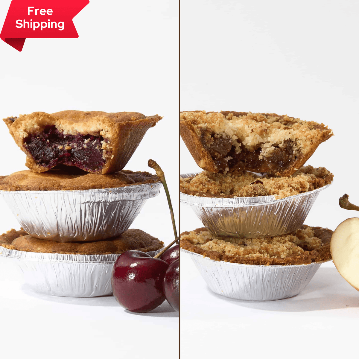 Two types of No Guilt Bakes Low Carb Tart Bundles with one cut open on each side, against a white background, with a &#39;free shipping&#39; label in the top left corner.