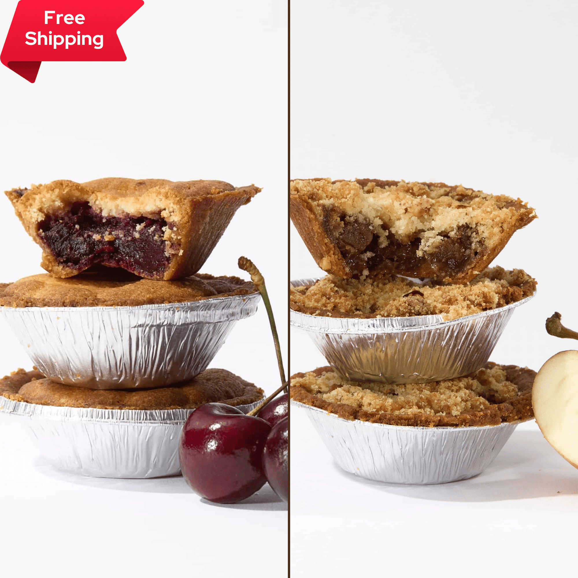 Two types of No Guilt Bakes Low Carb Tart Bundles with one cut open on each side, against a white background, with a 'free shipping' label in the top left corner.