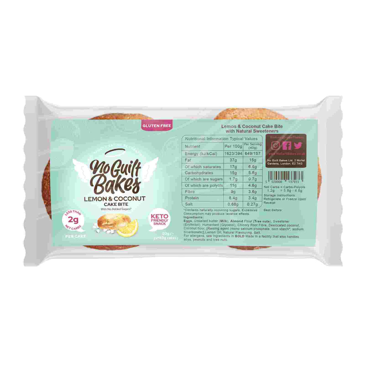A package of Lemon and Coconut Keto Cake Bites | Limited Edition with a label on it from No Guilt Bakes.