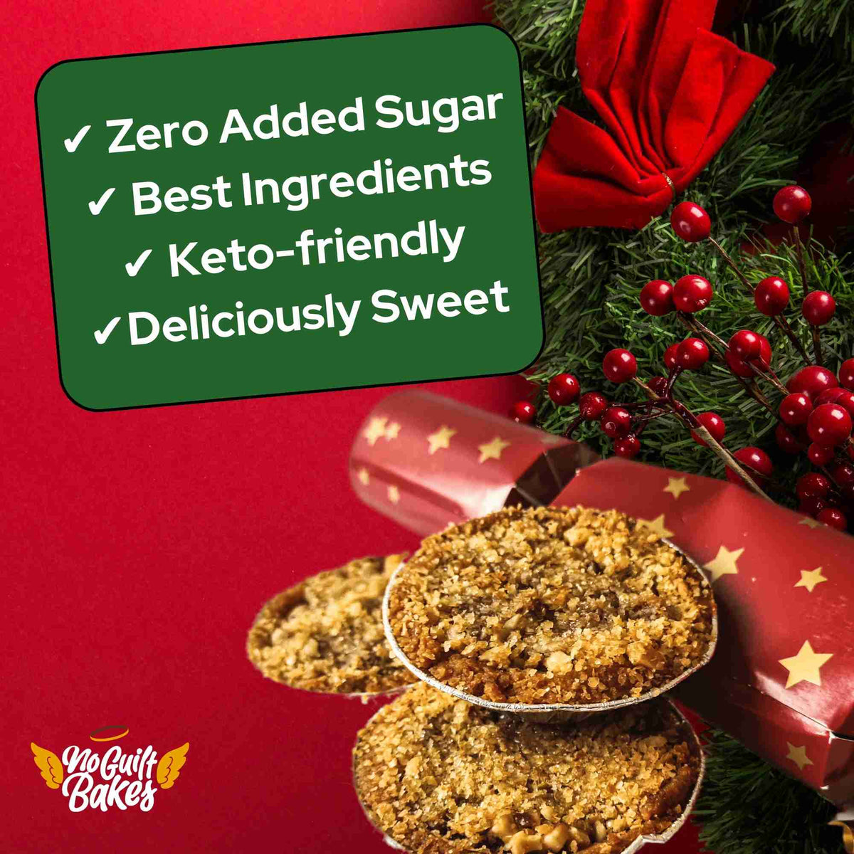 A Christmas cookie with the words &quot;Keto Mince Pies | 6 | No Added Sugars | 2.7 Net Carbs | Low Carbs&quot; made from the best ingredients by No Guilt Bakes.