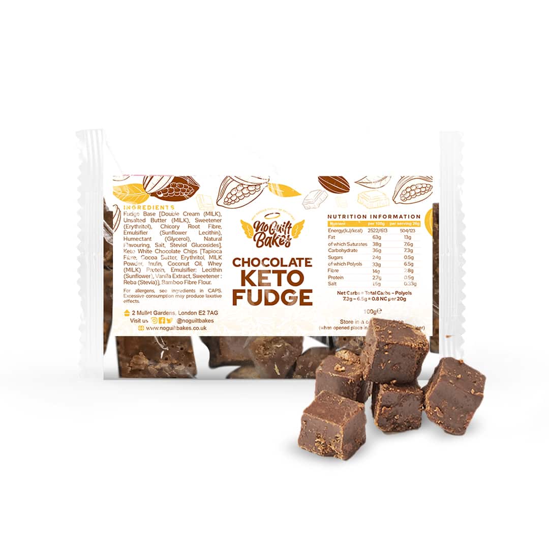A guilt-free snack package of low-sugar Luxurious Belgian Chocolate Keto Fudge with no added sugar No Guilt Bakes white chocolate chips on a white background.
