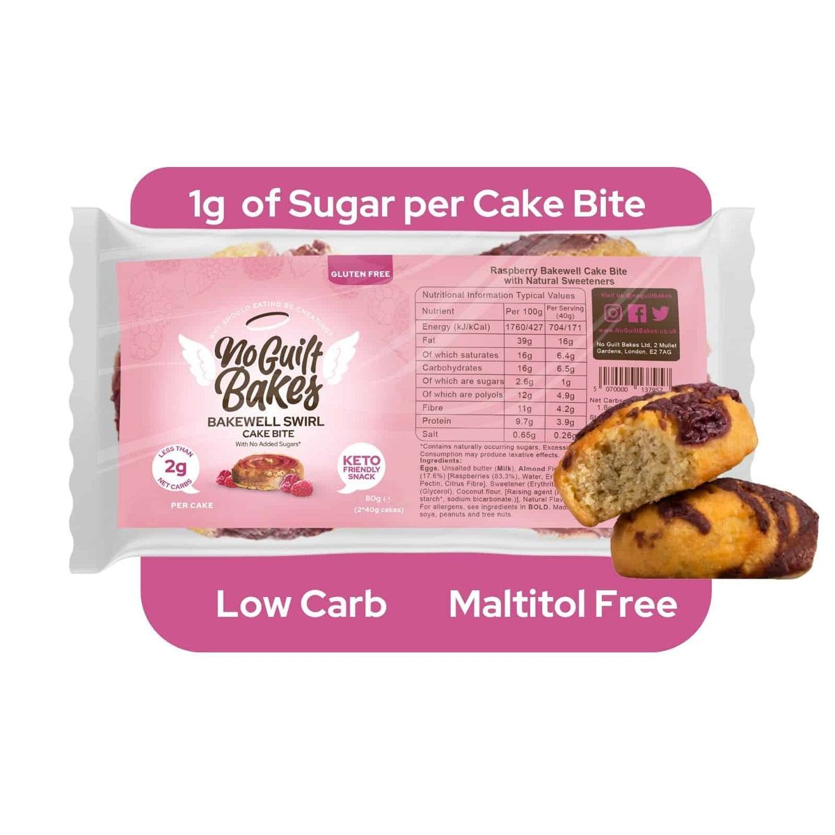 Introducing our Raspberry Bakewell Swirl Keto Cake Bites from No Guilt Bakes, the perfect keto-friendly and ketogenic diet option for all the low carb lovers out there. Enjoy the indulgent taste of cake bites while staying on track with Raspberry Bakewell Swirl Keto Cake Bites.