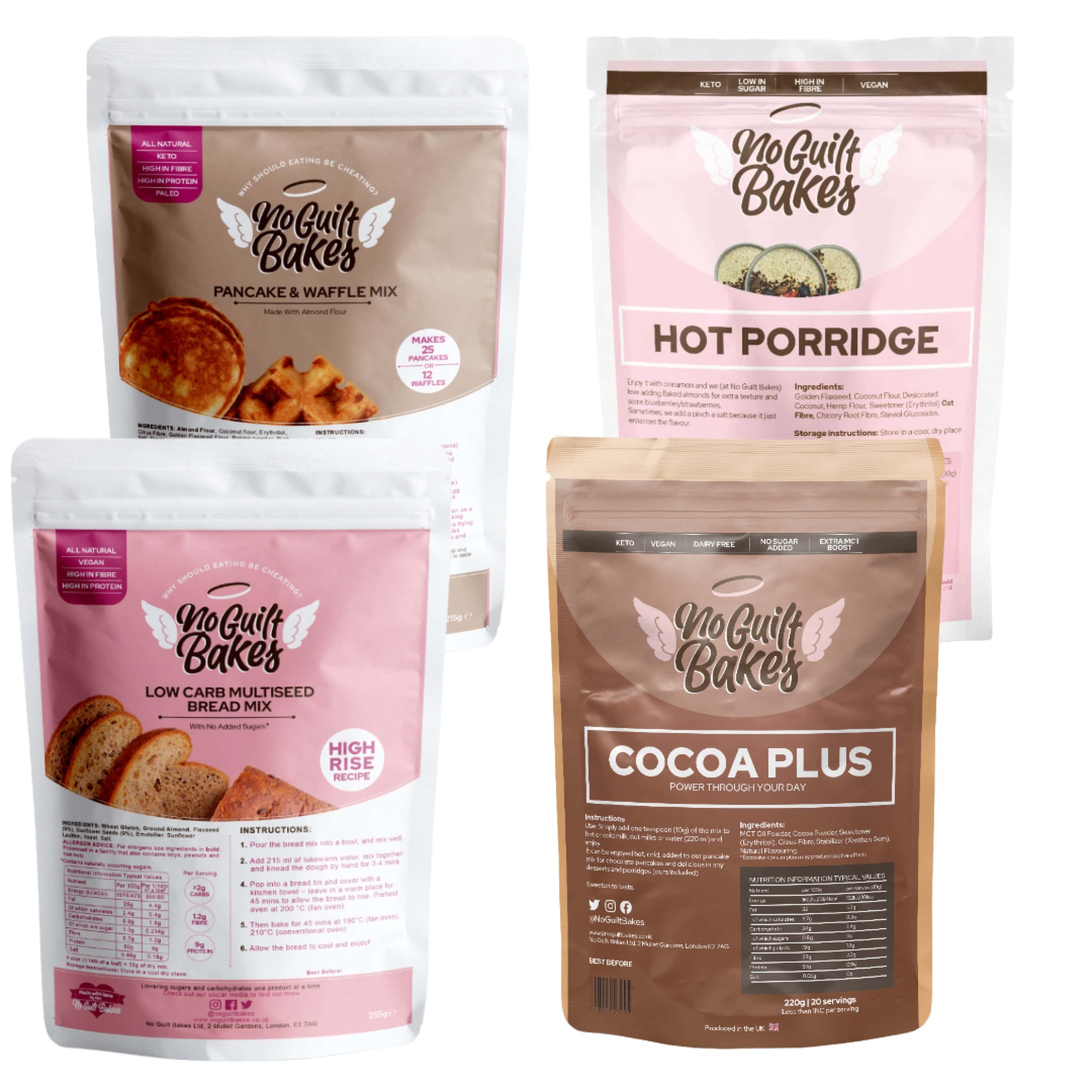 Four packages of no guilt bakes products, including pancake and waffle mix, hot porridge, low-carb multiseed bread mix, and cocoa plus: the Regular Bread Bundle.