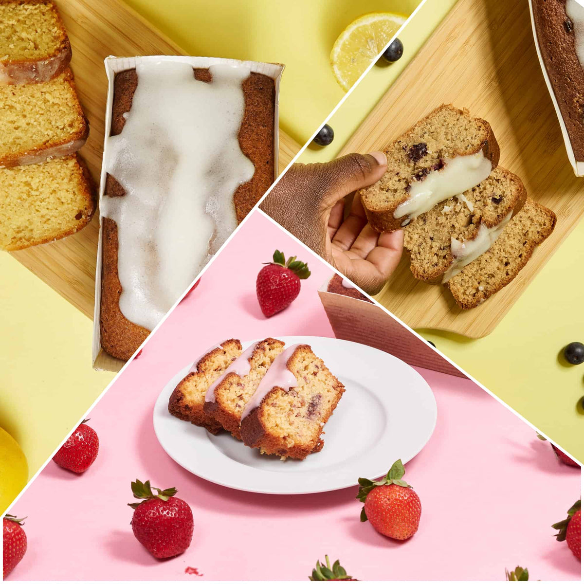 A series of pictures showing different types of bread and fruit, featuring a tea-time trio. Our Summer Loaves Bundle from No Guilt Bakes is sure to satisfy your cravings with its refreshing combination of juicy blue
