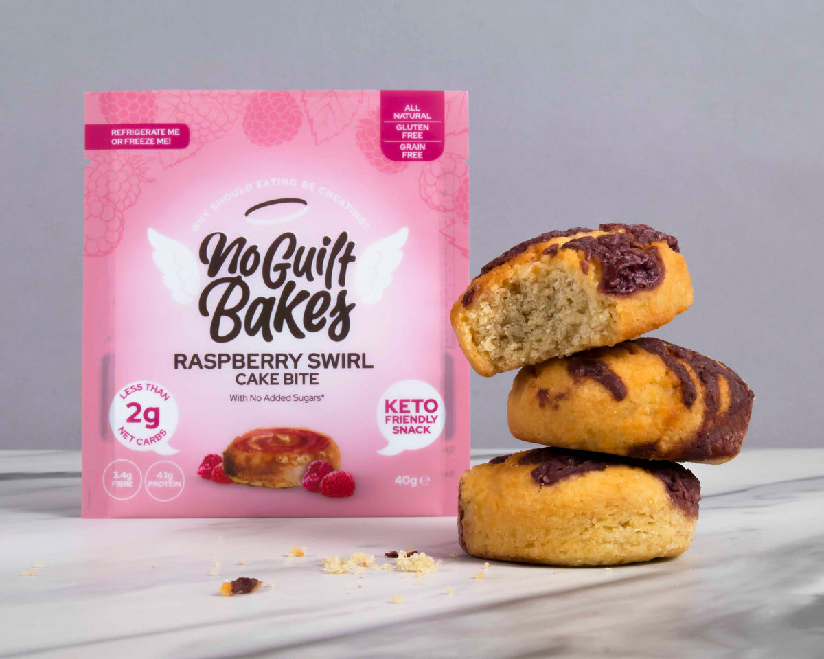 No Guilt Bakes&#39; Raspberry Bakewell Swirl Keto Cake Bites are keto-friendly.