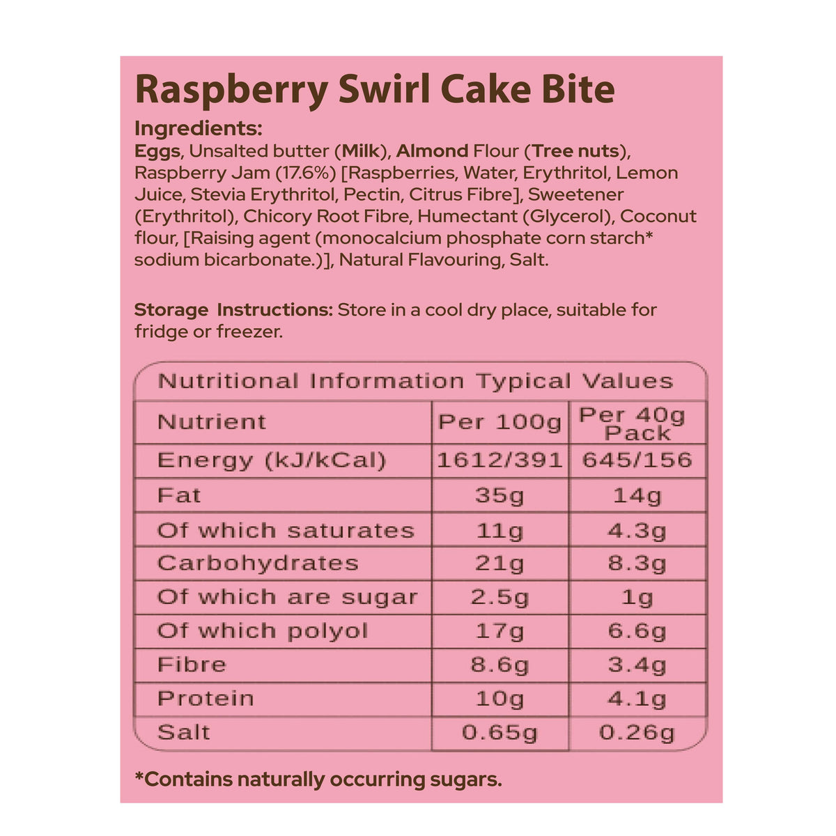 An Image of Raspberry Swirl Cake Bite Nutritional Information And Ingredients
