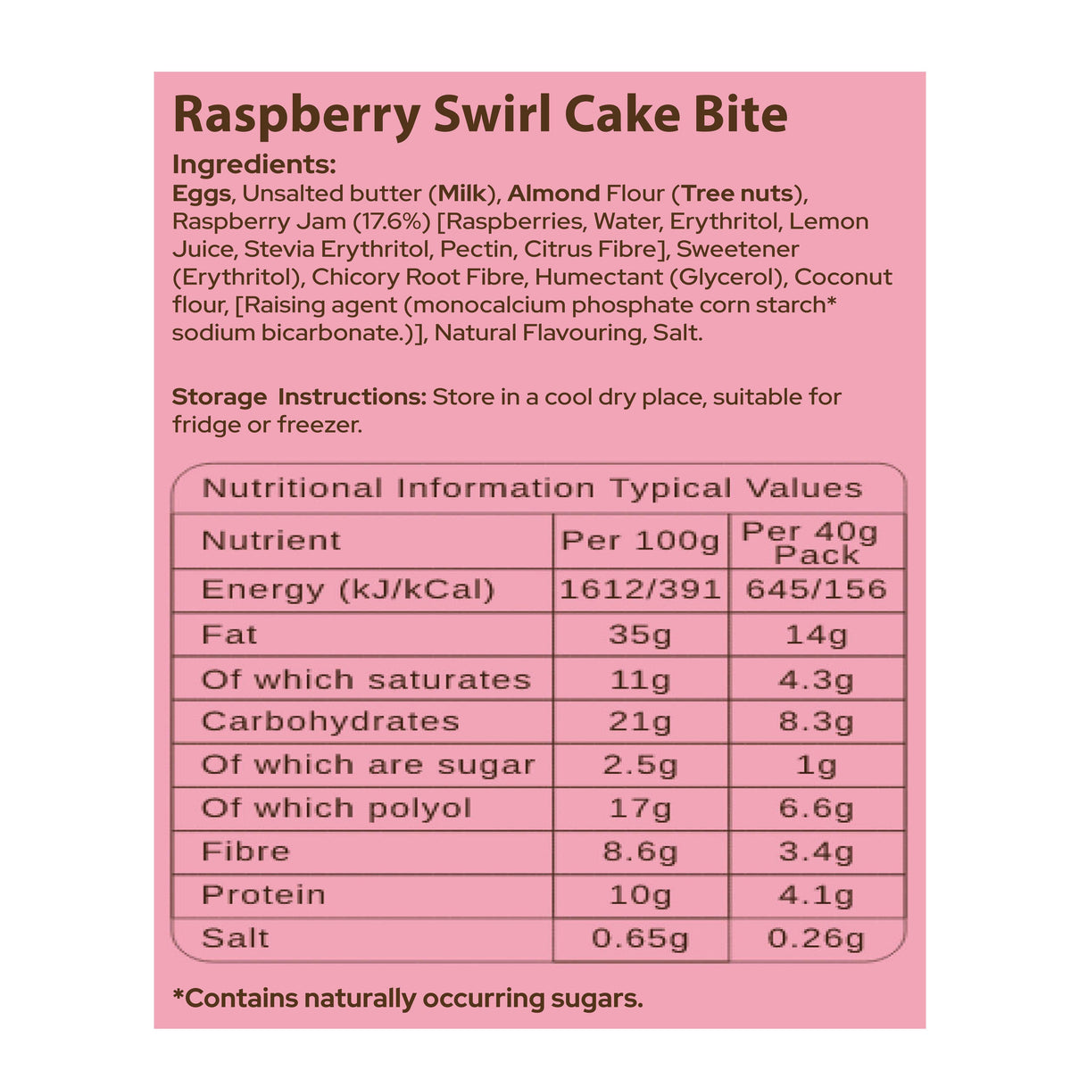 Raspberry swirls cake bite.
Product Name: Fruity Variety Cake Bite Pack | Keto
Brand Name: No Guilt Bakes