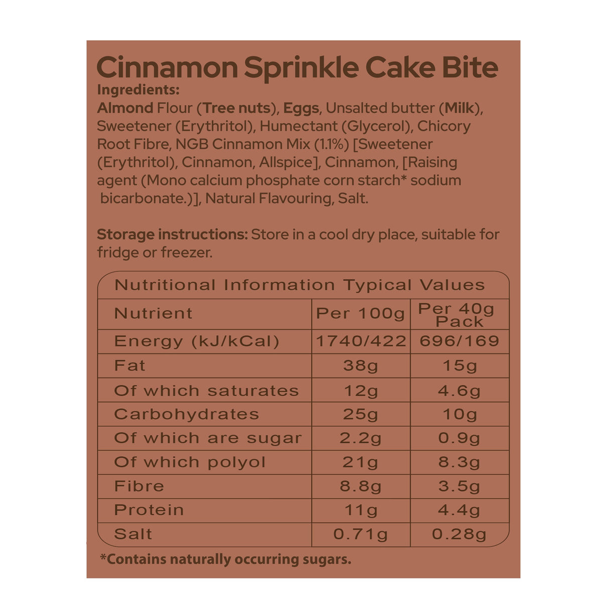 An image of cinnamon sprinkle cake bite nutritional information