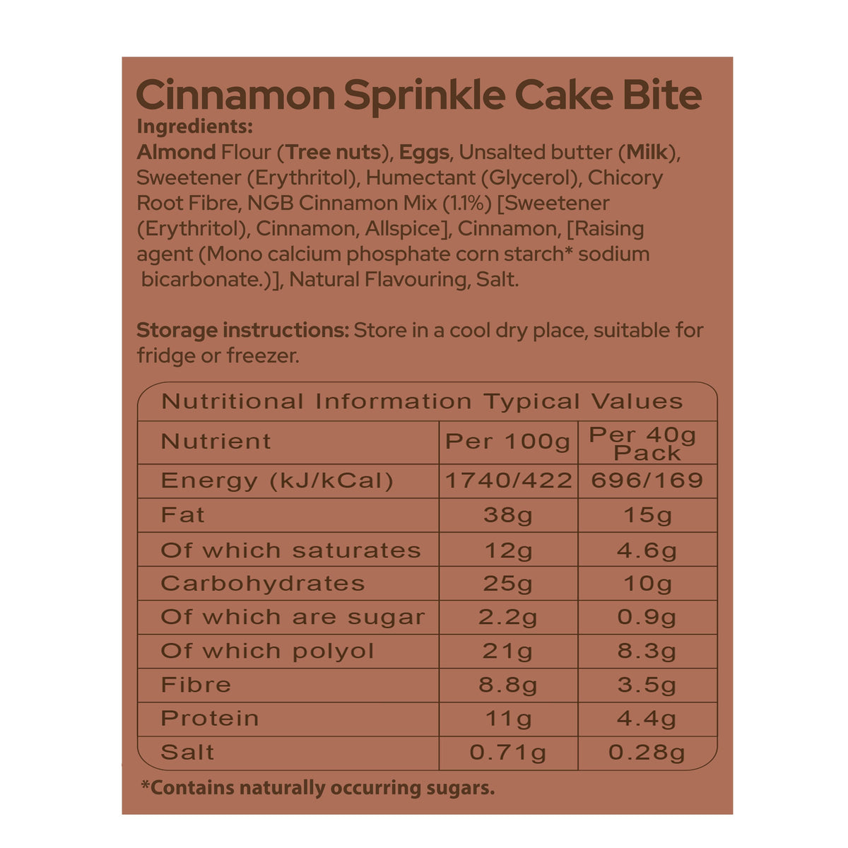An Image of Cinnamon Sprinkle Cake Bite Nutritional Information And Ingredients